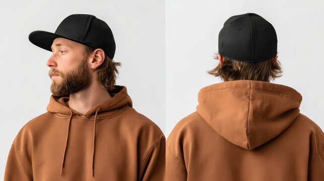 Printable apparel mockup: casual hoodie and cap on white studio backdrop, blank panels for customization