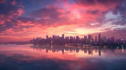 Naklejka premium A photo of a modern cityscape under pink evening skies.
