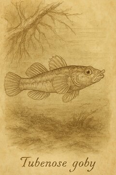 Small mottled goby near submerged roots in aged scientific reference plate