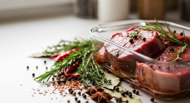 Raw beef steaks marinating in glass dish with fresh rosemary, chili peppers, and spices, natural kitchen light