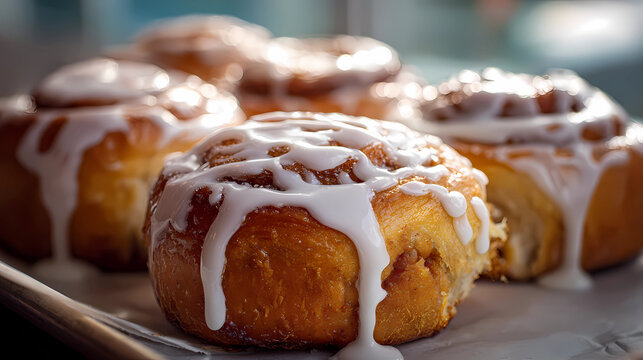 Close up of delicious sticky cinnamon rolls with gooey icing drip and spice, Generative AI illustrations.