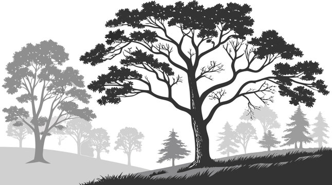 Black and White Layered Forest Landscape Vector with Tree Silhouettes Seamless Nature Pattern Background