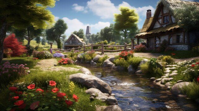 A photo of a peaceful garden in a village