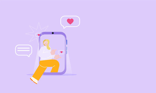 Modern flat illustration of woman inside smartphone screen, concept of social media addiction, online life and digital overload.