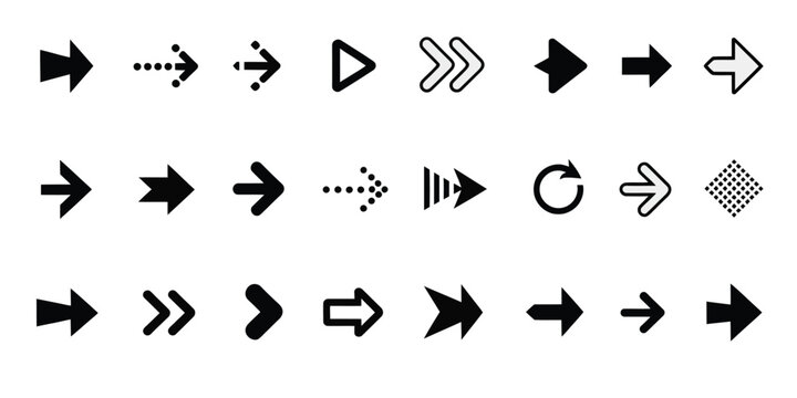 Swipe scroll and slide arrow icon set showing pixel and line style navigation indicators, hand and finger gesture controls, directional movement cues, and UI interaction symbols