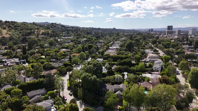 Aerial Drone Flyover Residential Neighborhood; Sherman Oaks, Southern California; USA 
