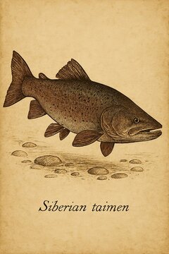 Large predatory Siberian taimen in classic old reference engraving manner