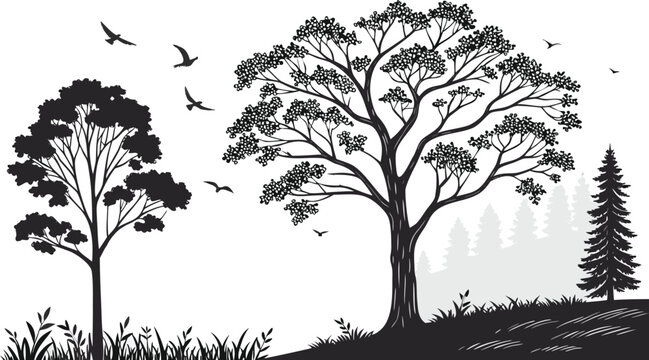 Black and White Layered Forest Landscape Vector with Tree Silhouettes Seamless Nature Pattern Background