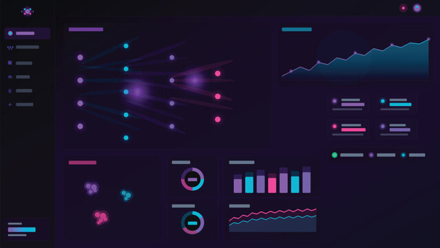 Vector art of neon data visualization with graphs and charts on a dark background