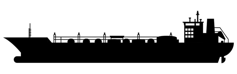 Fototapeta premium Oil tanker ship vector silhouette with cargo tanks and industrial structure in minimalist black design for petroleum, maritime, energy, and logistics graphics.
