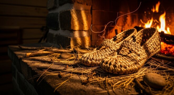 Traditional bast shoes near cozy fireplace, evoking rustic charm and vintage folk crafts with warm, nostalgic glow and copy space.