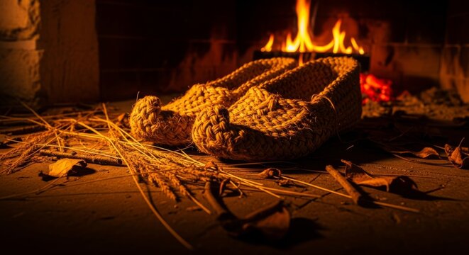 Handwoven Lapti Shoes by Cozy Fireplace, Nostalgic Folk Craftsmanship, Warm Rustic Ambiance