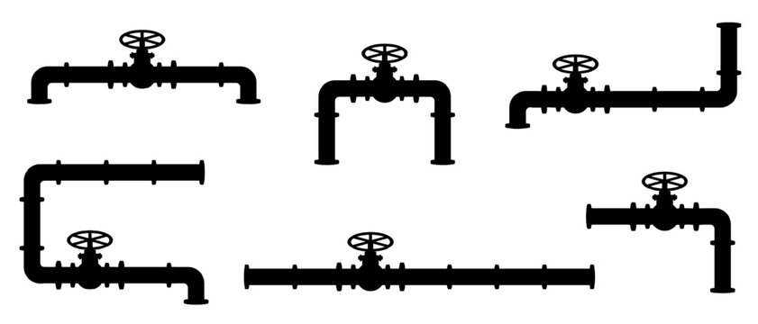 Set of black vector silhouettes of industrial oil pipeline configurations with control valves on white. Flat design for gas refinery networks, plumbing systems, and petroleum tube structures concept.