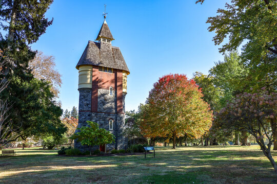 Historic water tower at Oakbourne Mansion & Park with autumn foliage, West Chester Pennsylvania USA