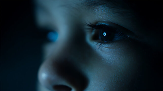 Child's Gaze in Dark Room with Screen Light Reflection: Captivating Close-Up of Young Eyes Absorbing Digital World, Future Technology & Learning Concept