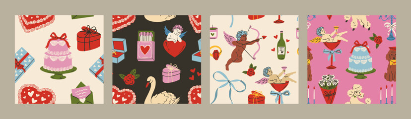 Fototapeta premium Seamless romantic doodle pattern with hearts, bows, doves, cakes and drinks. Cute vintage coquette illustration for Valentine’s Day, weddings and gifts. Trendy feminine design for wallpaper.