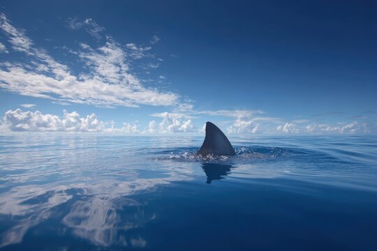 Shark Fin Breaking the Ocean Surface Under Bright Blue Sky with Clouds