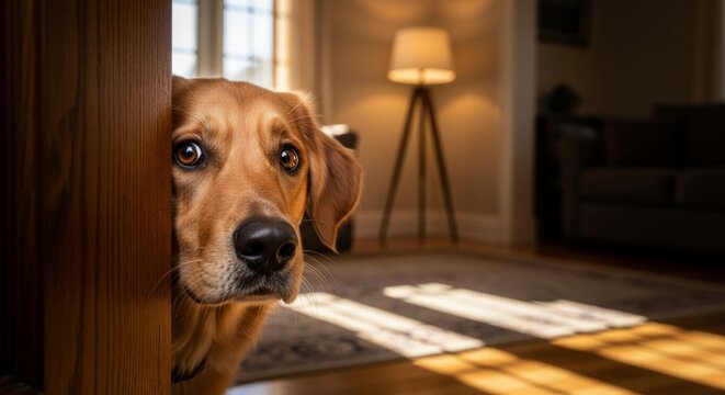 Curious golden retriever peeking around a doorframe, inviting living room with warm afternoon light and soft shadows, conveying playful discovery