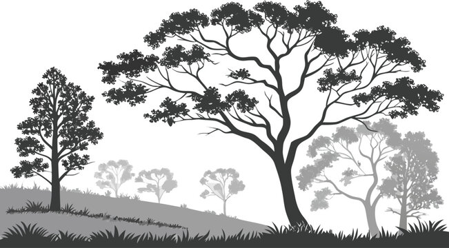 Black and White Layered Forest Landscape Vector with Tree Silhouettes Seamless Nature Pattern Background