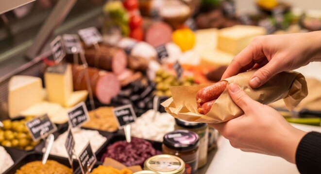 Hands carefully wrapping fresh sausages in brown paper at a vibrant deli counter, offering a rustic, artisanal food experience