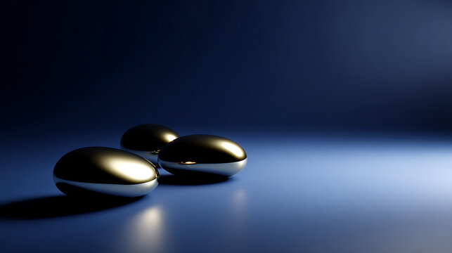Minimalist composition with three sleek metallic capsule shapes on a dark blue background with elegant reflections and soft illumination