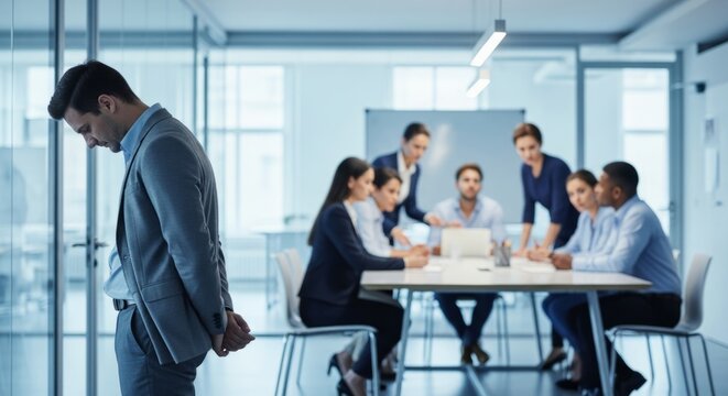 Isolated employee looking down in shame during a tense office meeting, representing workplace conflict and exclusion