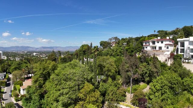 Aerial Drone Flyover Residential Neighborhood; Sherman Oaks, Southern California; USA 