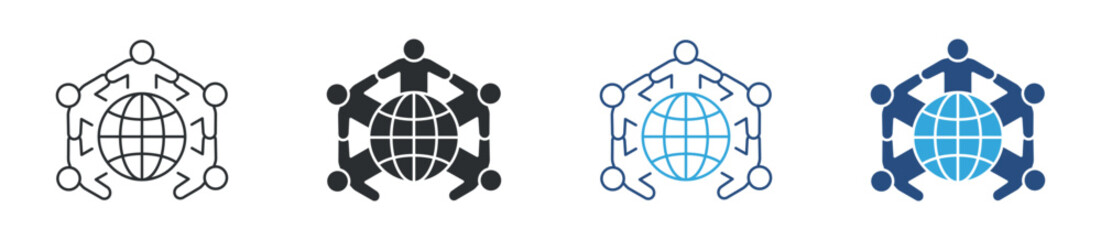 Global unity icon set. people around globe symbol. international cooperation, community and partnership concept. vector illustration. © Anika