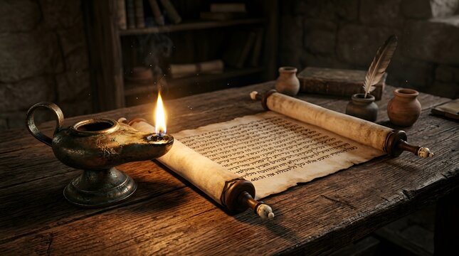 Ancient scroll and oil lamp on a wooden desk, illuminating historical documents with a warm, flickering glow