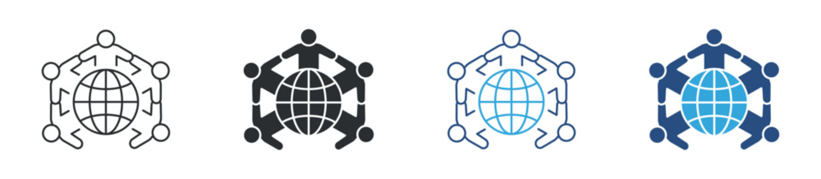 Global unity icon set. people around globe symbol. international cooperation, community and partnership concept. vector illustration.