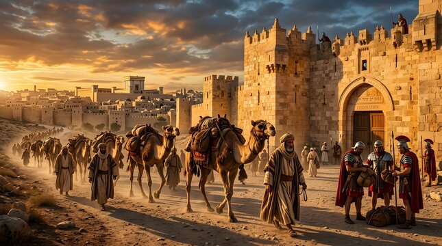 An ancient caravan of merchants and camels approaches a majestic fortified desert city gate as the sun sets, illustrating a timeless scene of historical trade and epic journeys