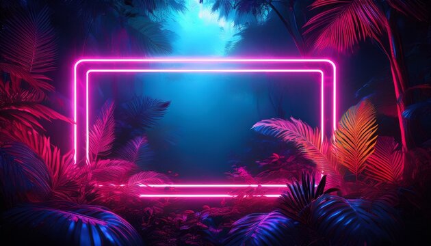 glowing neon pink rectangular frame floating amid dense tropical jungle with vibrant foliage and colorful mist creating a mysterious and futuristic atmosphere