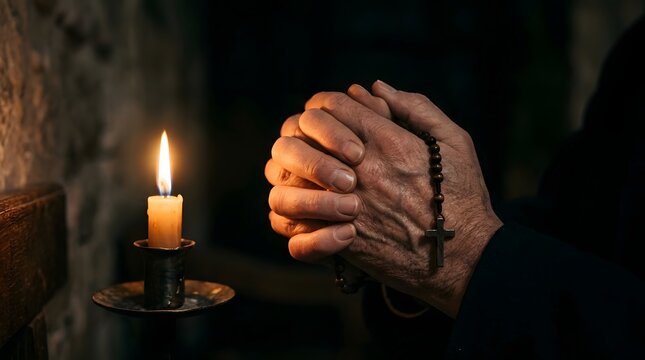 Elderly hands clasped in prayer with a rosary and a flickering candle in a dimly lit room, representing faith and devotion