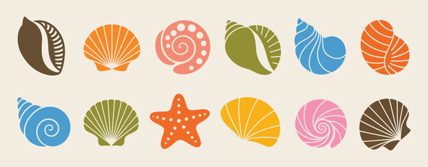 Boho Summer Seashells Icons in Retro Style, Groovy Geometric Shells, Sea Star, Snail, and Scallop, Abstract Tropical Square Freehand Vector for Logo, T-Shirt Print, Stickers. © LEECOO