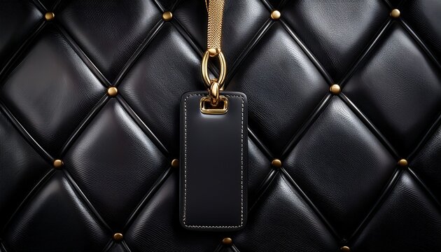 black leather luggage tag hanging on dark luxury quilted background with golden snap hook and decorative studs