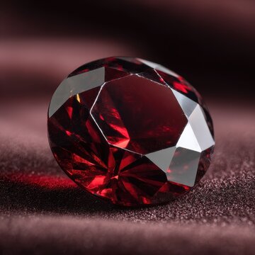 Macro close-up of a round garnet gemstone with rich red facets and sparkling reflections