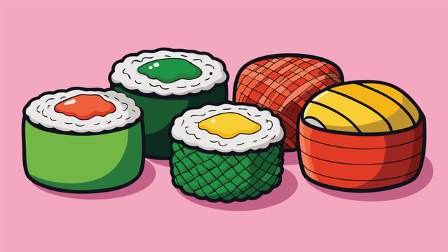 Colorful sushi rolls illustration with stylized textures and vibrant toppings on a solid pink background for restaurant menu design