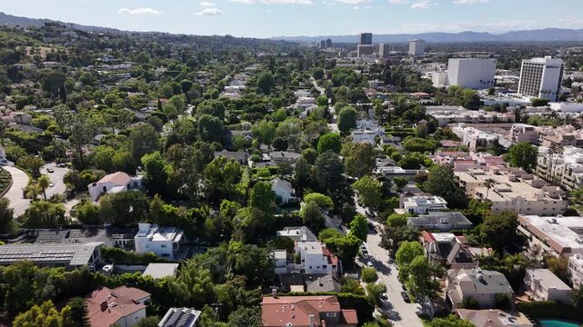 Aerial Drone Flyover Residential Neighborhood; Sherman Oaks, Southern California; USA 