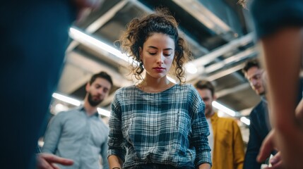 Obraz premium Portrait of insecurity: a lone woman at the center of workplace scrutiny