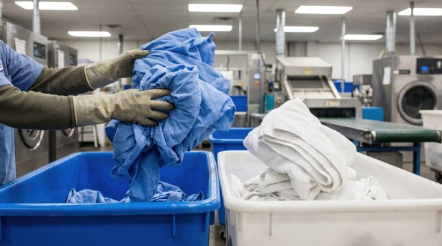 Laundry facility worker folding and sorting blue hospital surgical scrubs into plastic transport bins