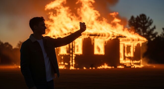 Man taking selfie with burning house at sunset, symbolizing emotional detachment and modern indifference to crisis