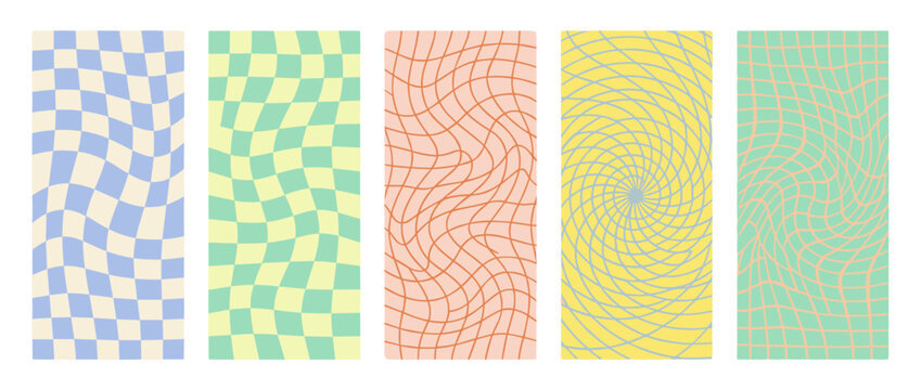 Set of five distorted checkerboard and grid pattern backgrounds for vibrant design