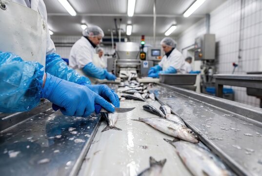 Factory workers in protective gear processing fresh fish on a conveyor belt