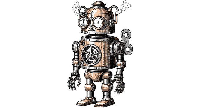 Charming Steampunk Robot Illustration with Exposed Gears and Wind-Up Key Element