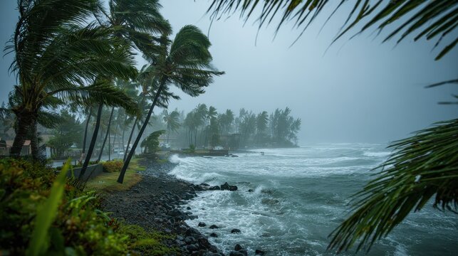 Moody Island Coastline Scene with Blown Palm Trees, Rain, and Looming Storm Front