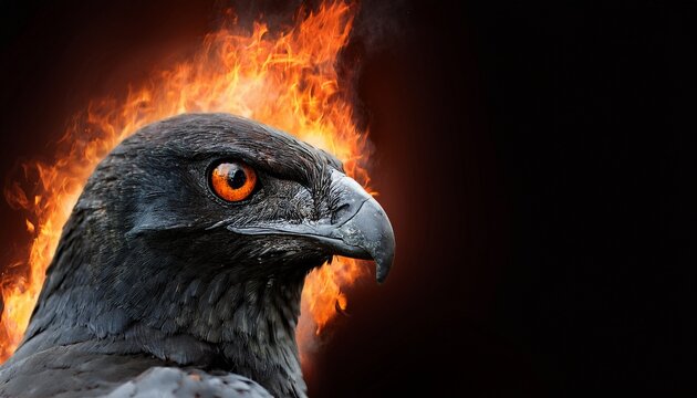 dark raptor with blazing crown of fire intense amber eye dark background