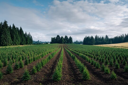Pastoral Evergreen Orchard: Even Rows of Christmas Trees in Springtime on a Farm