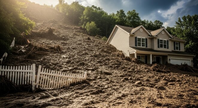 Suburban house buried in landslide debris, highlighting natural disaster impact and insurance needs.
