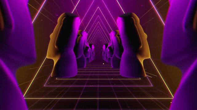 Endless tunnel of monolithic Moai statues leading towards a blinding golden light. A mystical, seamless VJ loop for stage and screen backdrops