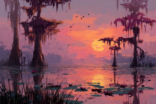 Sunset over a tranquil swamp bayou with hanging Spanish moss and mirrored water